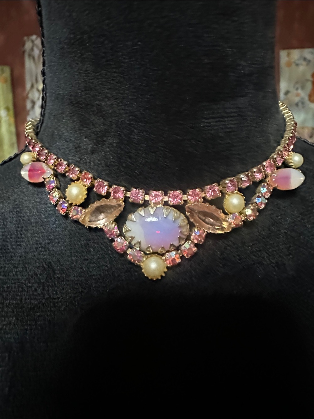 Pink Opal Glass & Pearl Statement Choker Necklace